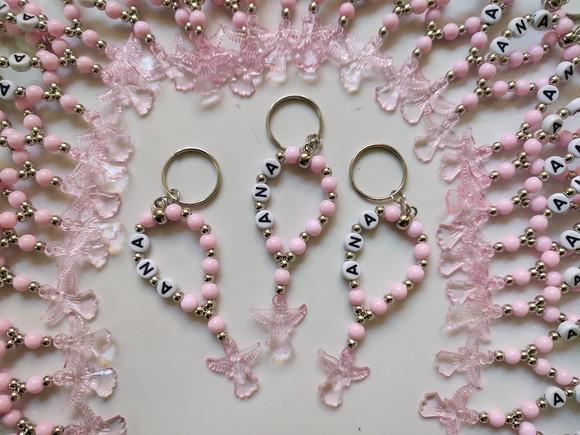 Mini Terço Chaveiro Personalizado Anjinho Rosa