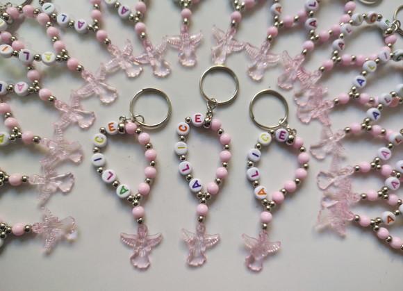 Mini Terço Chaveiro Personalizado Anjinho Rosa