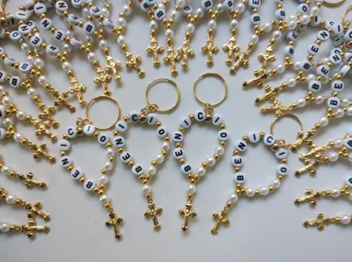Mini Terço Chaveiro Personalizado Cruz Dourada
