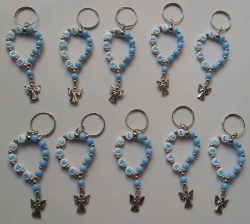 Mini Terço Chaveiro Letra Azul e Anjo Prata