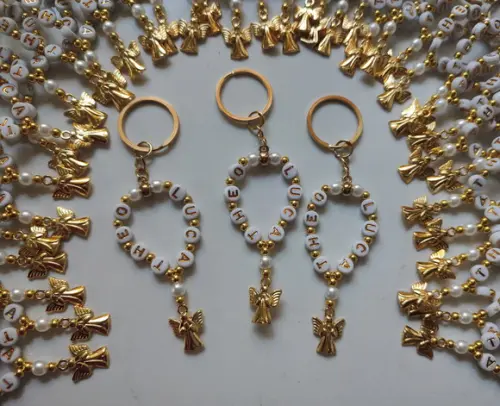 Mini Terço Chaveiro Personalizado Anjo Dourado