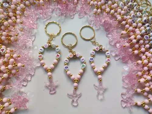 Mini Terço Chaveiro Personalizado Anjinho Rosa