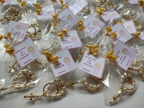 Mini Terço Chaveiro Dourado com Tag