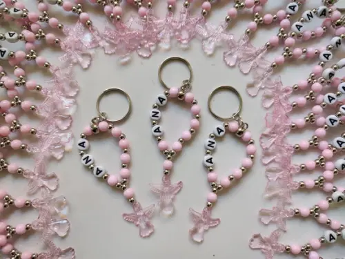 Mini Terço Chaveiro Personalizado Anjinho Rosa
