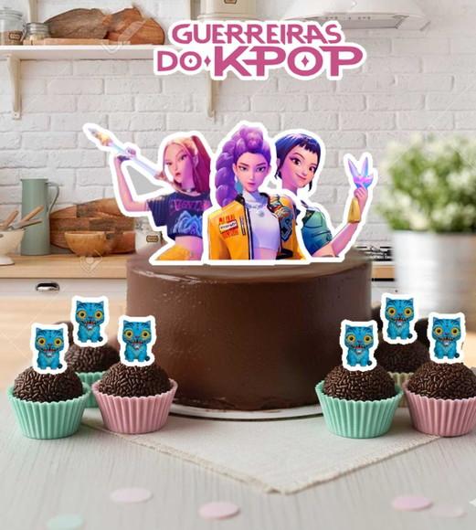 Topo de Bolo e 25 Tag Topper Docinhos Guerreiras Kpop