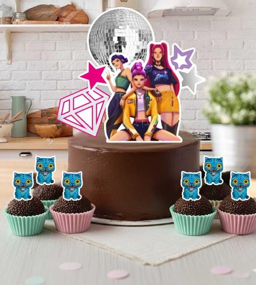 Topo de Bolo e 25 Tag Topper Docinhos Guerreiras Kpop