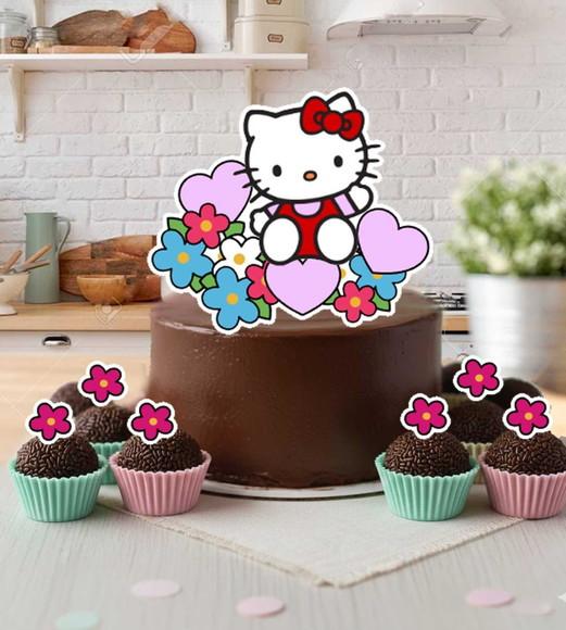 Topo de Bolo e 25 Tag Topper Docinhos Hello Kitty