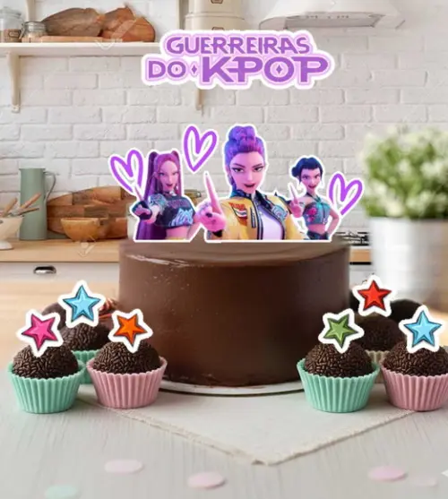 Topo de Bolo e 25 Tag Topper Docinhos Guerreiras Kpop