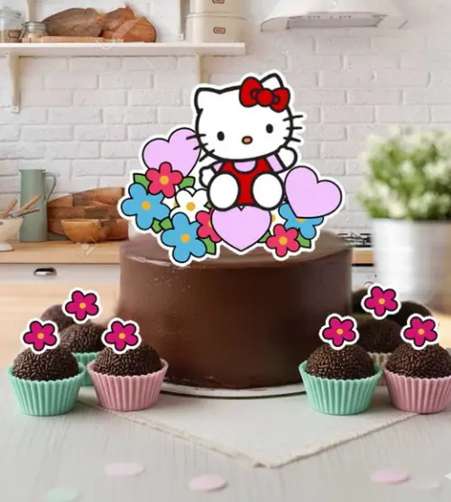 Topo de Bolo e 25 Tag Topper Docinhos Hello Kitty