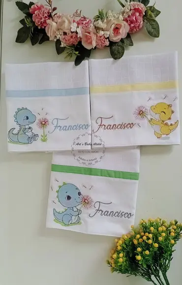 Trio Fralda de Boca Minimalista Bordada com nome