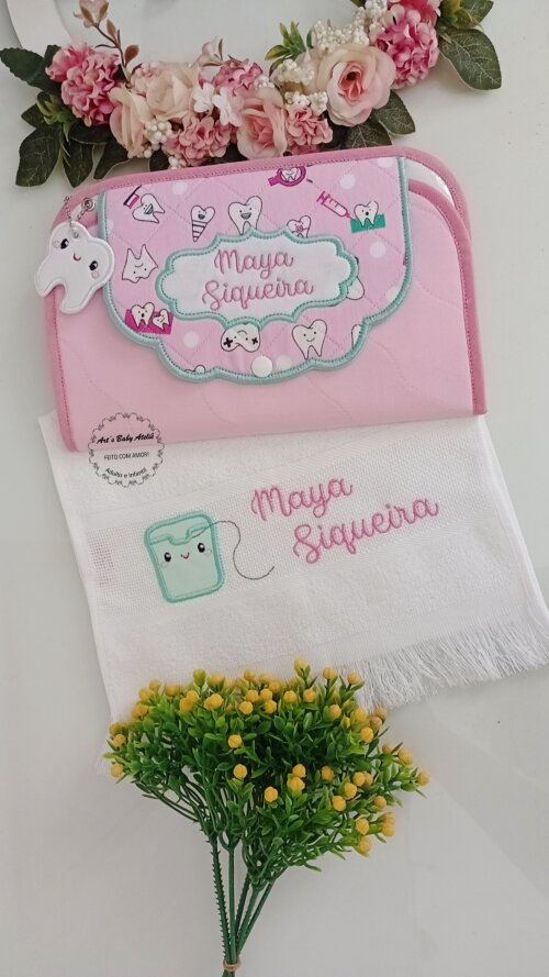 Kit Higiene Escolar Infantil Personalizado com Nome Bordado | Porta Escova, Pasta de Dente e Toalhinha Impermeável