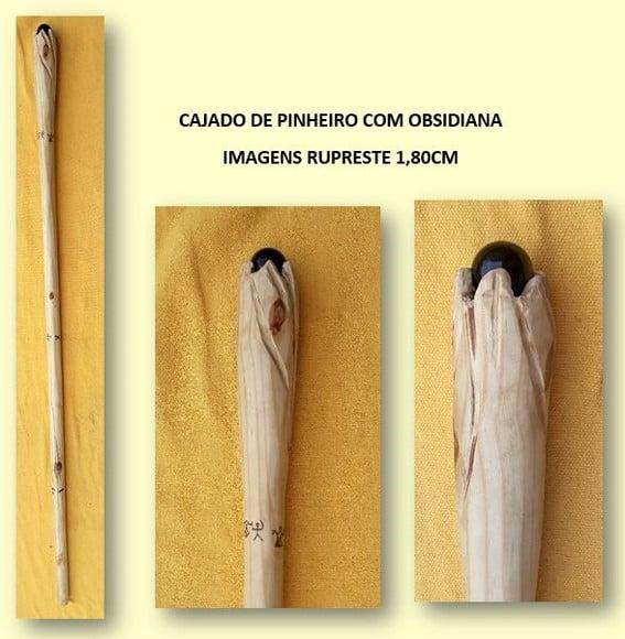 Cajado de Pinheiro com Obsidiana e Imagens Rupreste - 1,80cm