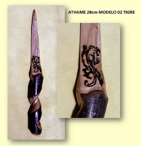 Athame rústico de madeira tigre pirogragravado 28cm