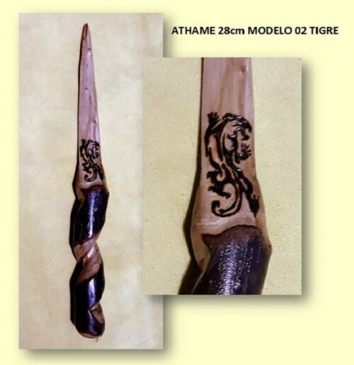 Athame rústico de madeira tigre pirogragravado 28cm
