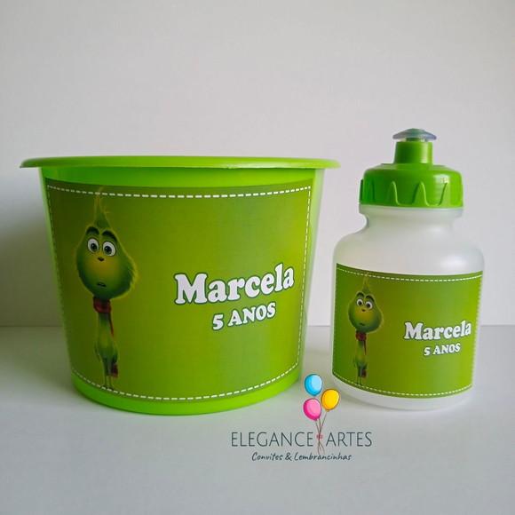Kit Balde de Pipoca e Squeeze Grinch
