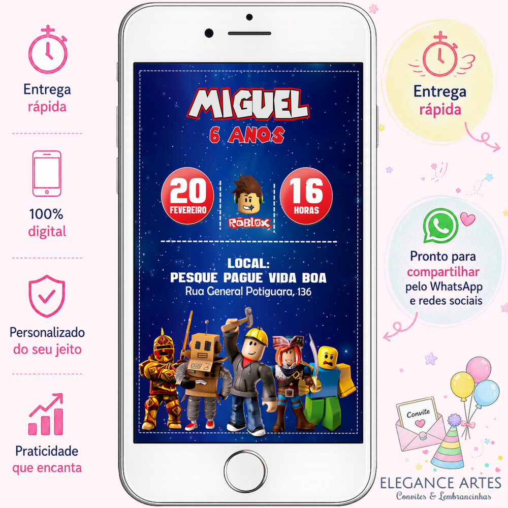 Convite Digital Roblox Personalizado - Elegance Artes