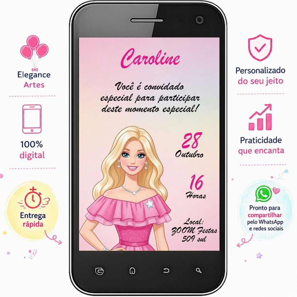 Convite Digital Barbie Personalizado - Festa Infantil