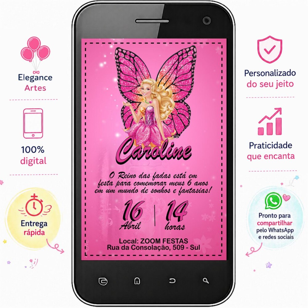Convite Digital Barbie Butterfly - festa infantil