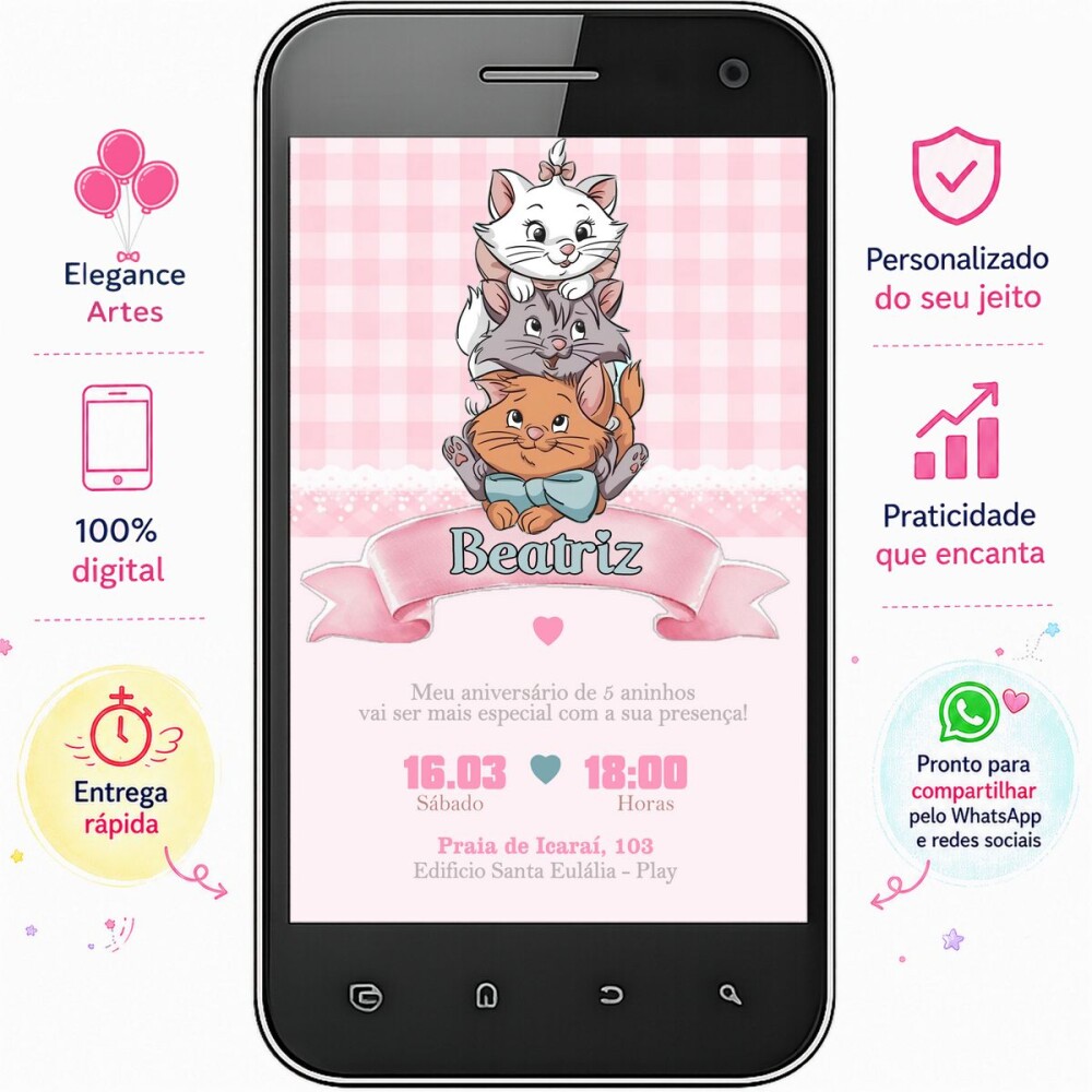 Convite Digital Gatinha Marie Personalizado | festa infantil