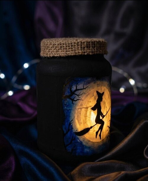Luminária de Pote com Led Vôo da Bruxa  - Decoração de Halloween