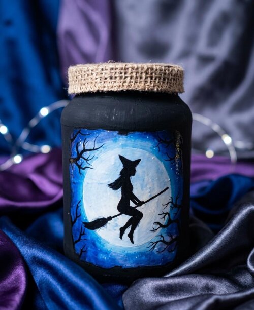 Luminária de Pote com Led Vôo da Bruxa  - Decoração de Hallow