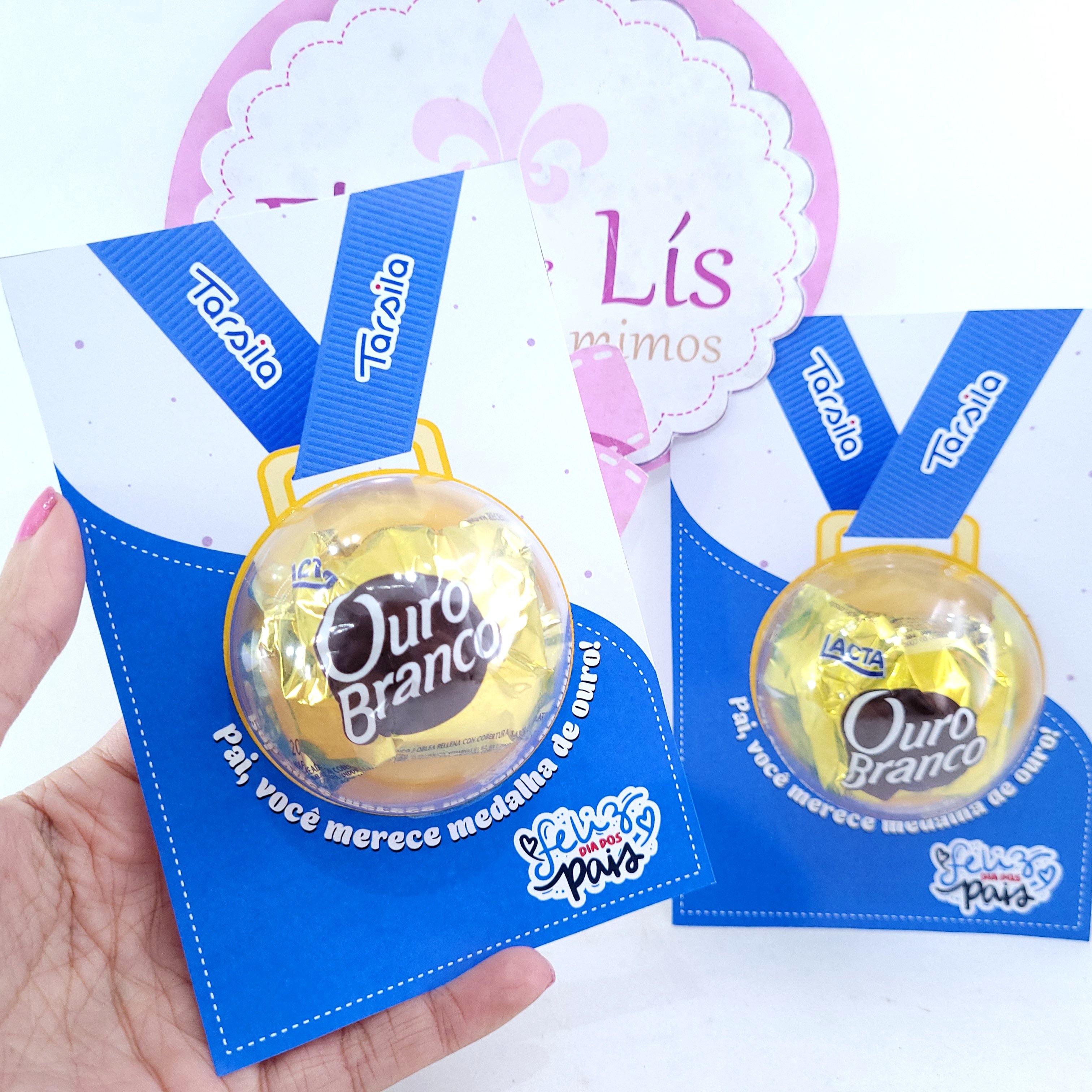 Presente Card Dia dos Pais Medalha com Bombom Ouro Branco Persona