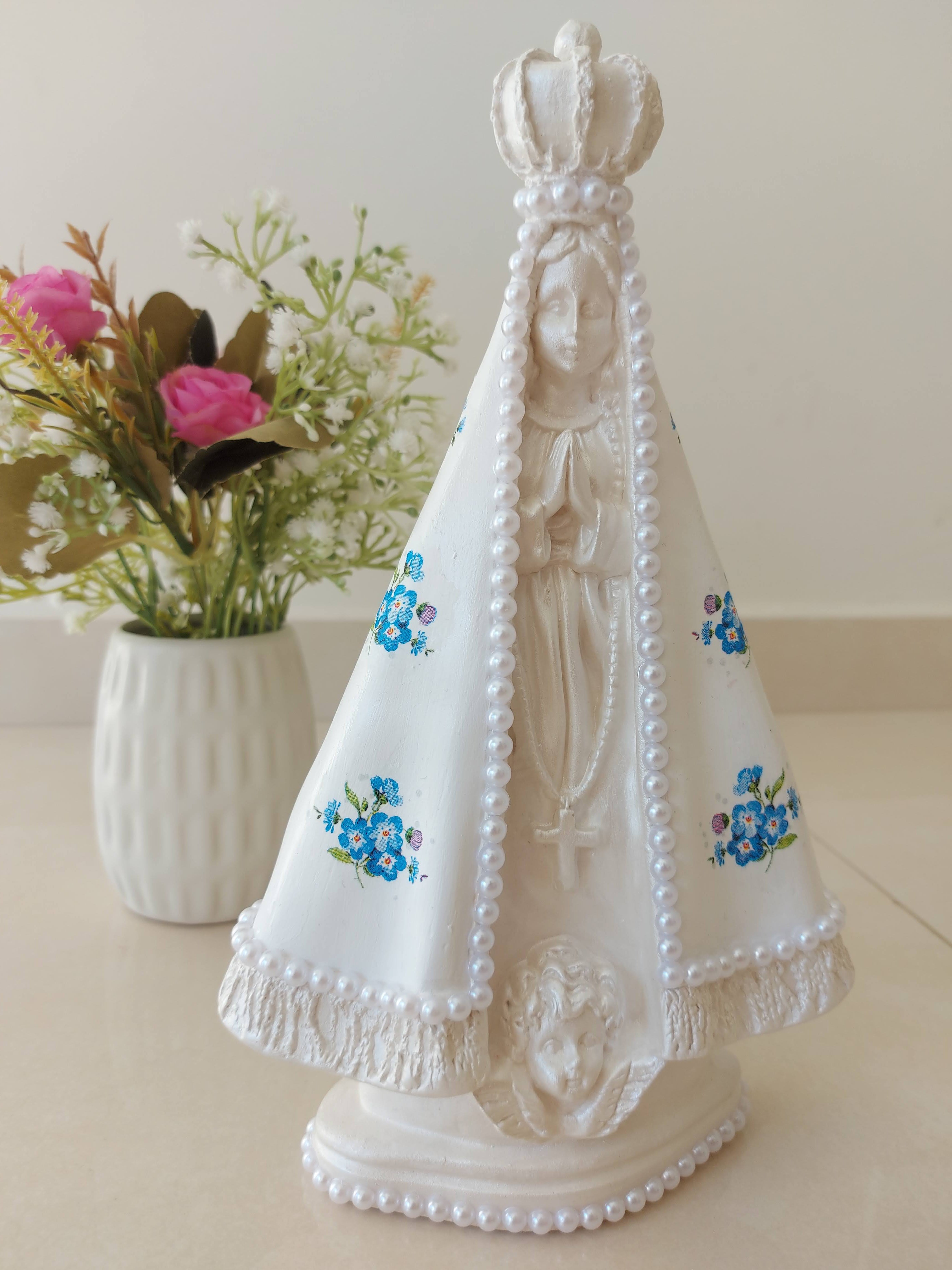 Nossa Senhora Aparecida 25cm decoupage flor azul