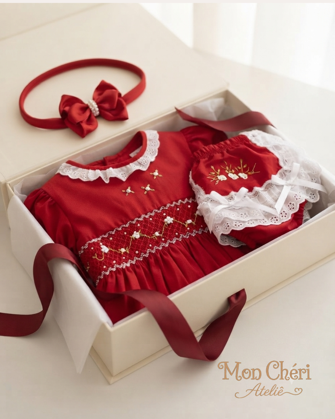Vestido Infantil  Luxo Vermelho em Tricoline | Smock Bordado à Mã