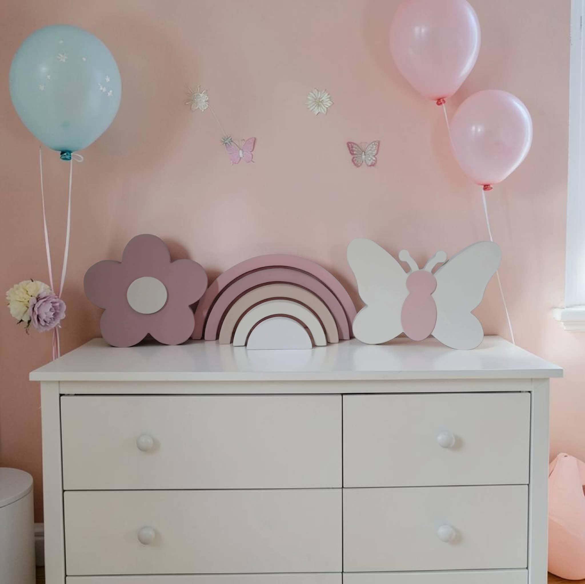 Kit decoração em mdf Arco íris, flor e borboleta, enfeite de mdf