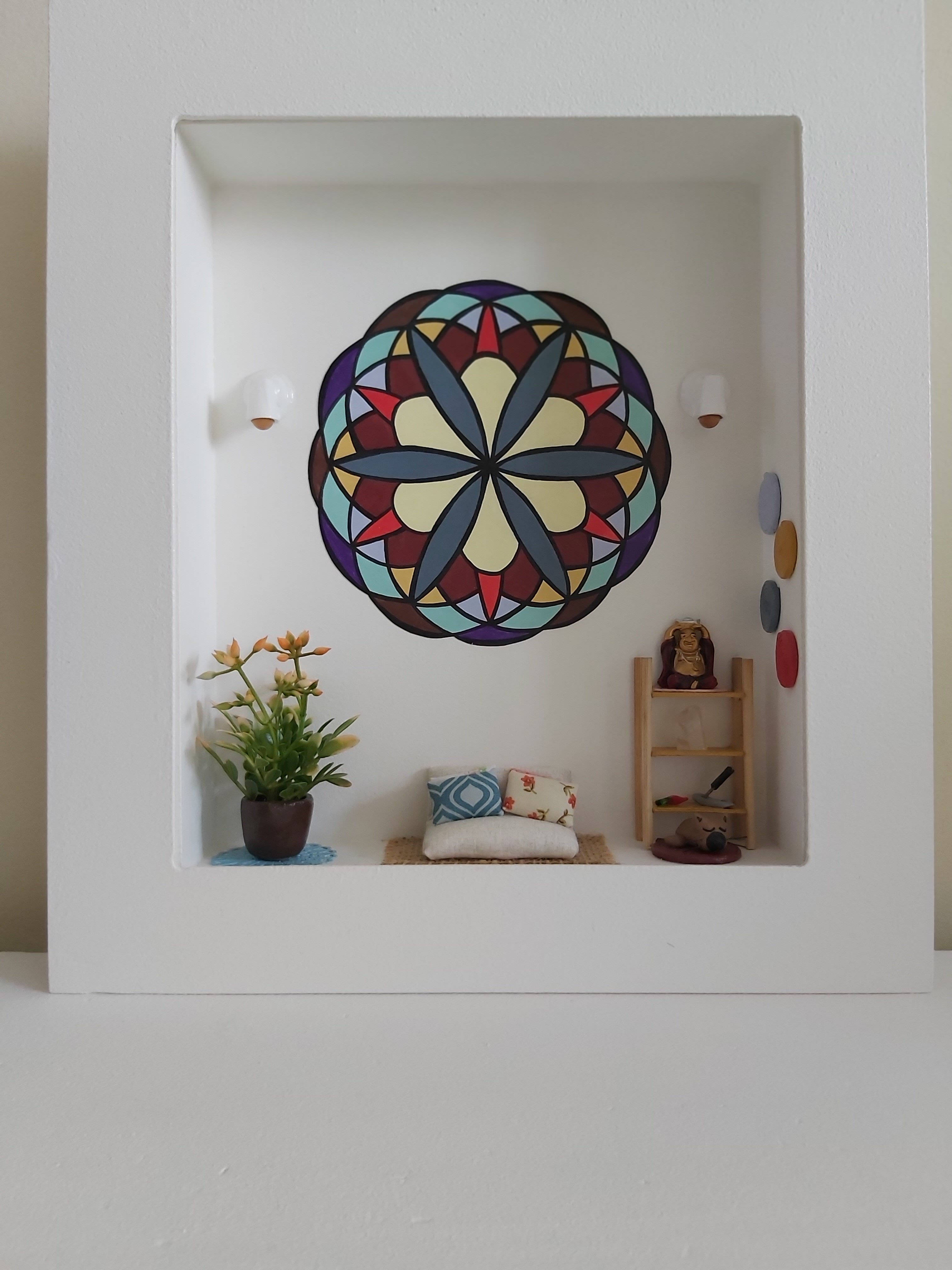 Quadro Cenário Miniatura Móveis Sala com Mandala Diorama
