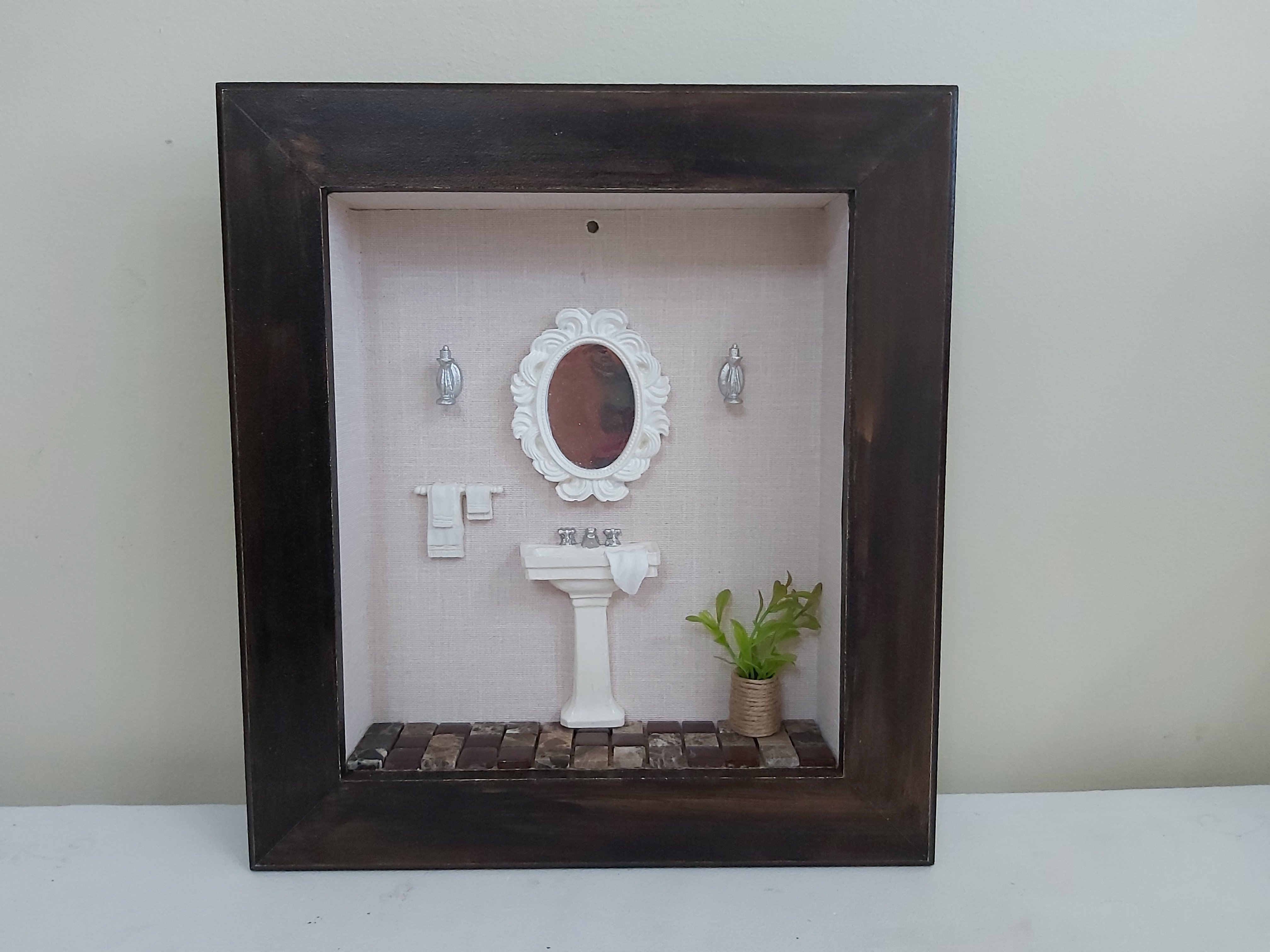 Quadro Cenário Miniatura Banheiro Lavabo Diorama Branco
