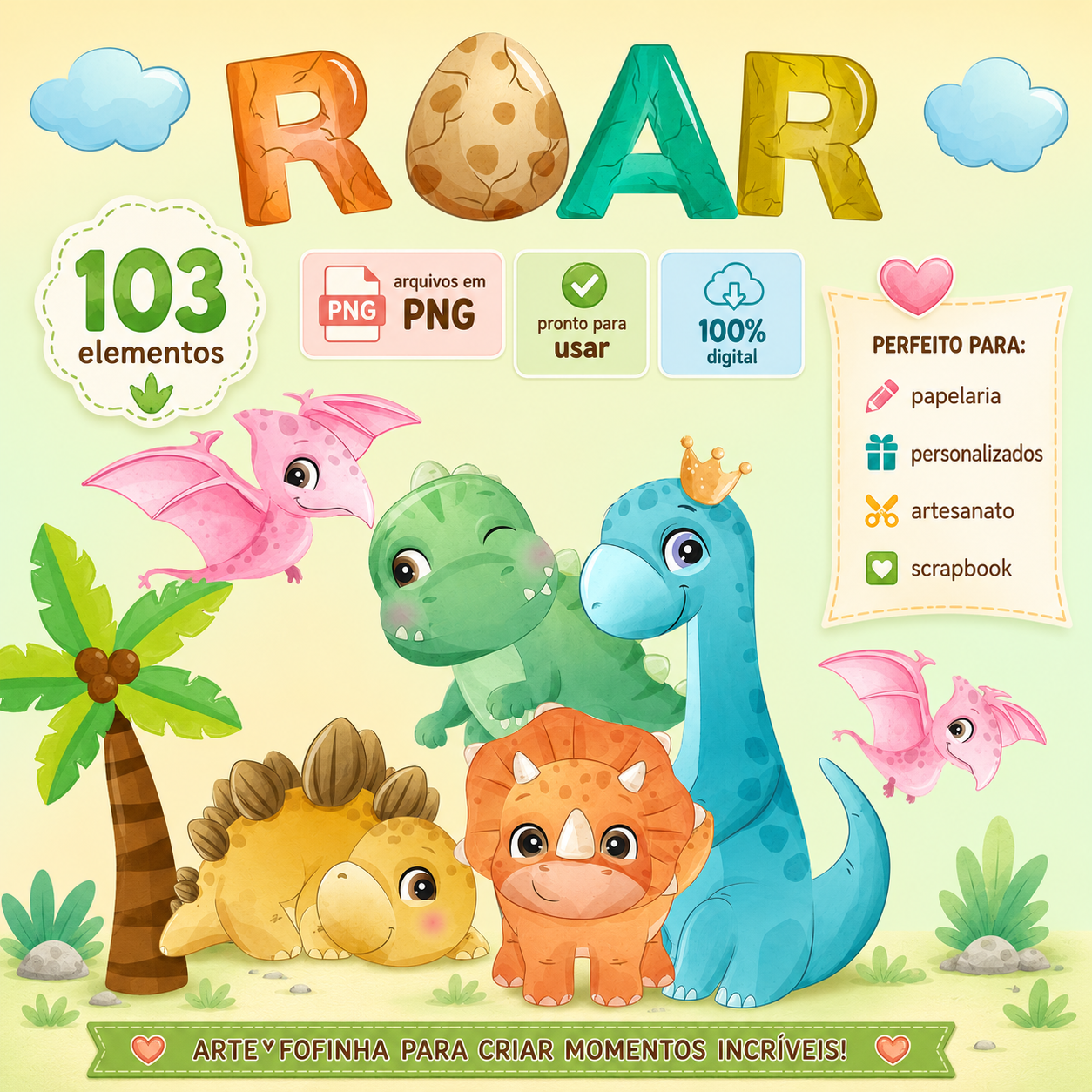Kit Digital PNG Dinossauros Baby Roar com 103 Imagens Fofas
