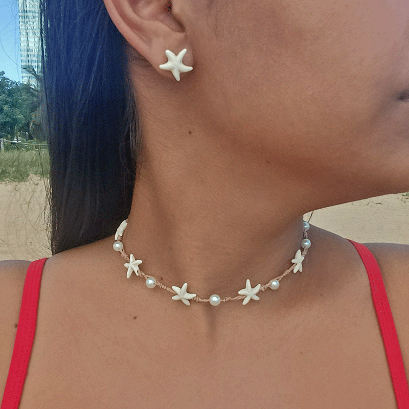 Kit Colar + Brinco de estrelas e pérolas feminino moda praia verã