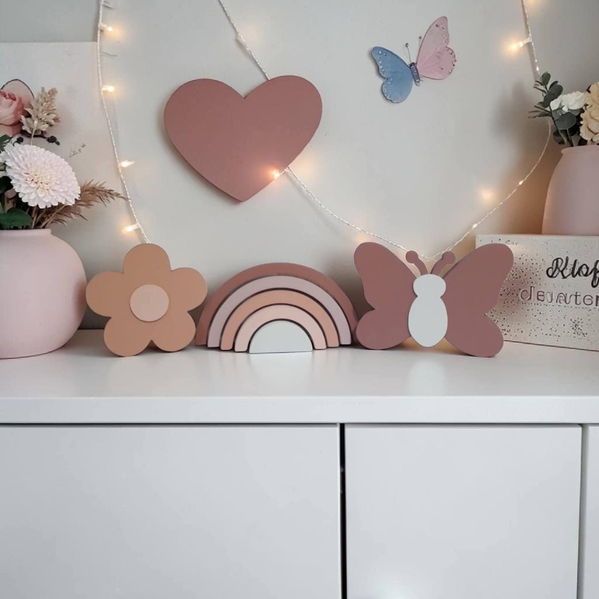 Kit decoração em mdf Arco íris, flor e borboleta tons terrosos, e