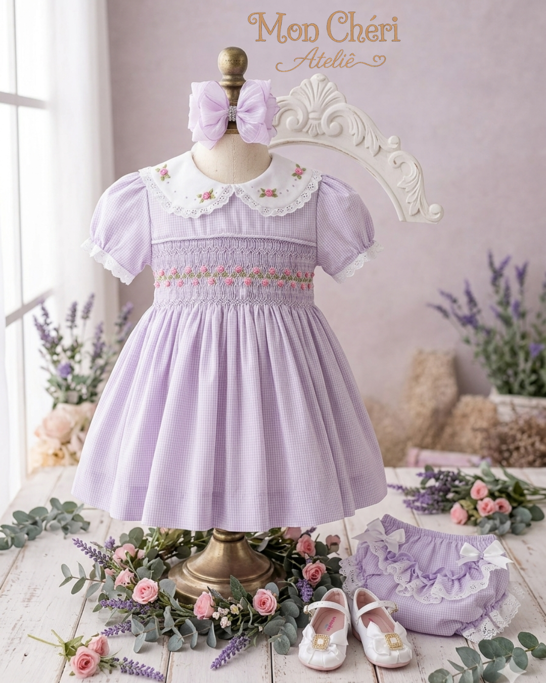 Vestido Infantil Lilás Luxo - Ponto Smock e Bordado à Mão - Kit 3