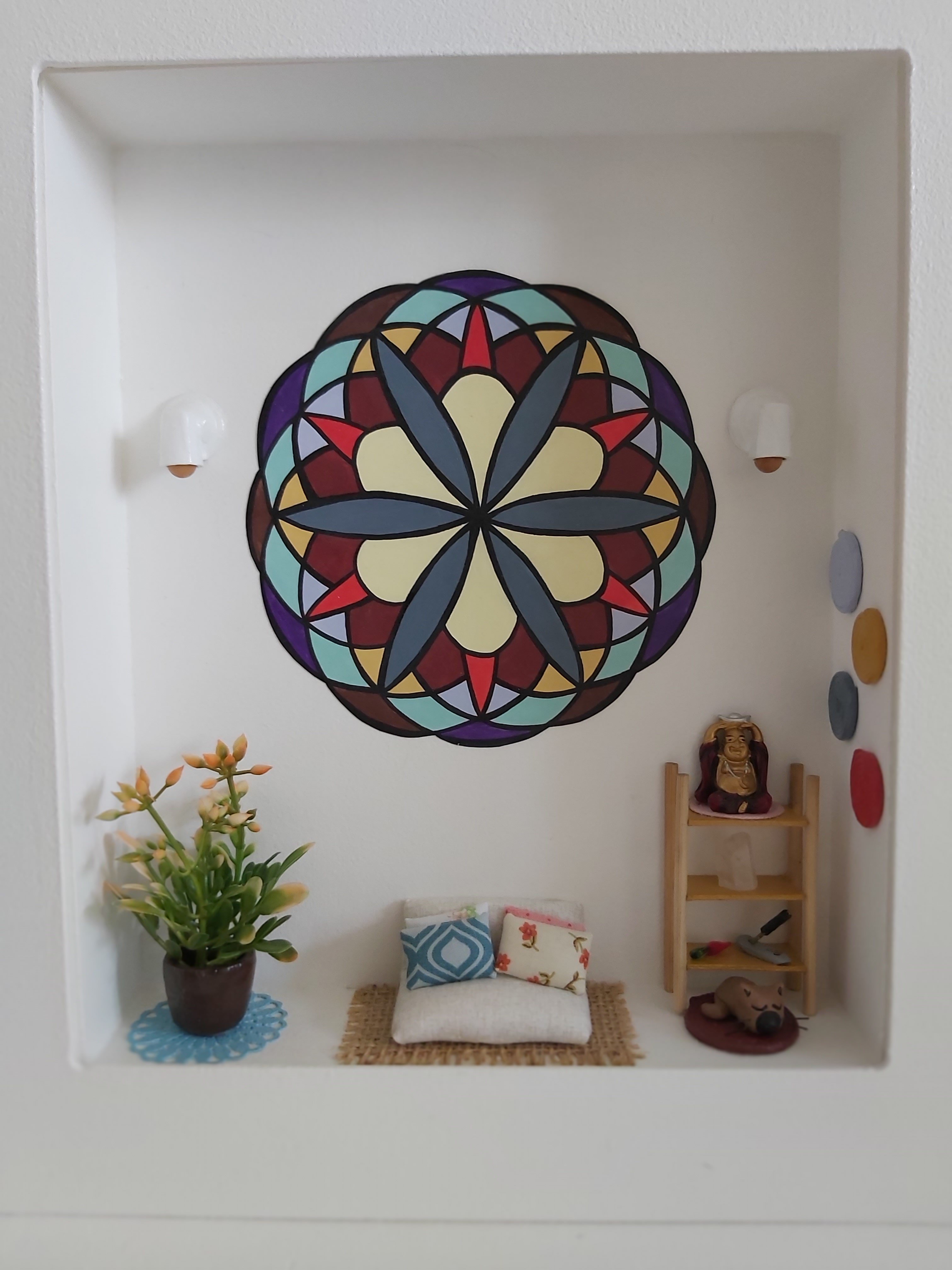 Quadro Cenário Miniatura Móveis Sala com Mandala Diorama
