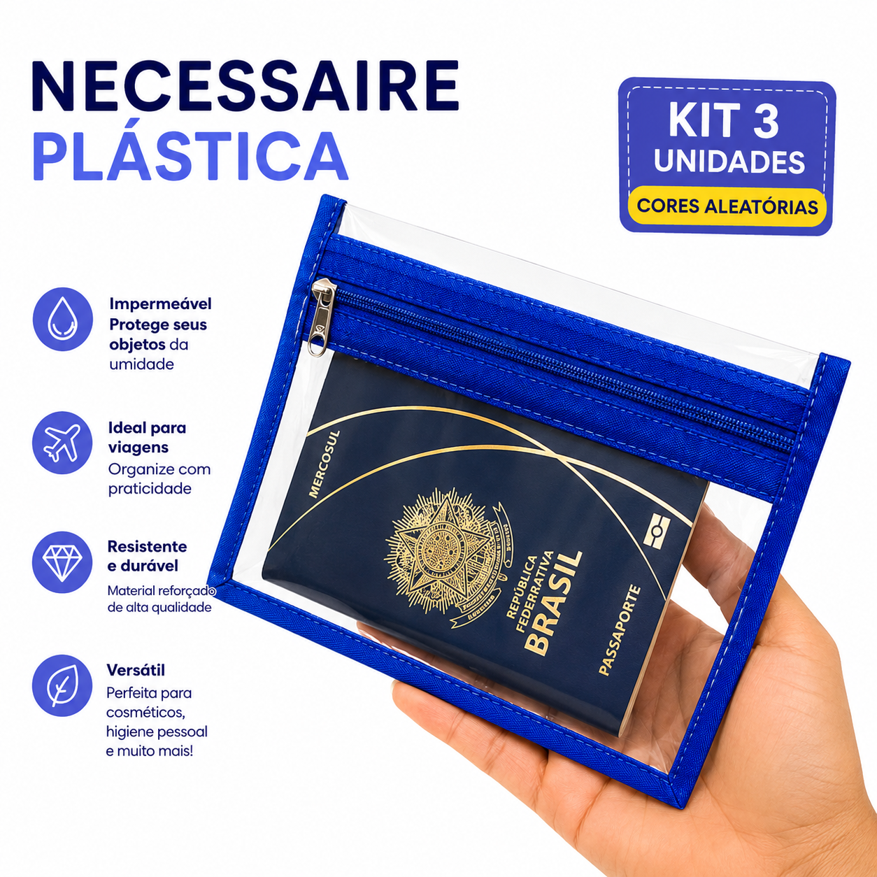 Kit 3 nécessaires plásticas CORES ALEATÓRIAS 2 bolsinhos/Porta pa