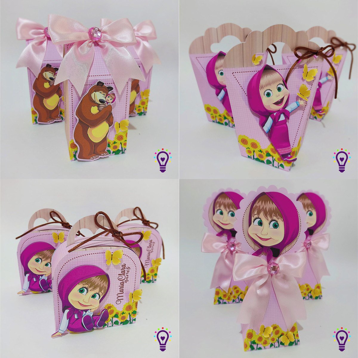 Kit 10 Caixinhas Personalizadas Masha e Urso com aplique/ sem laç