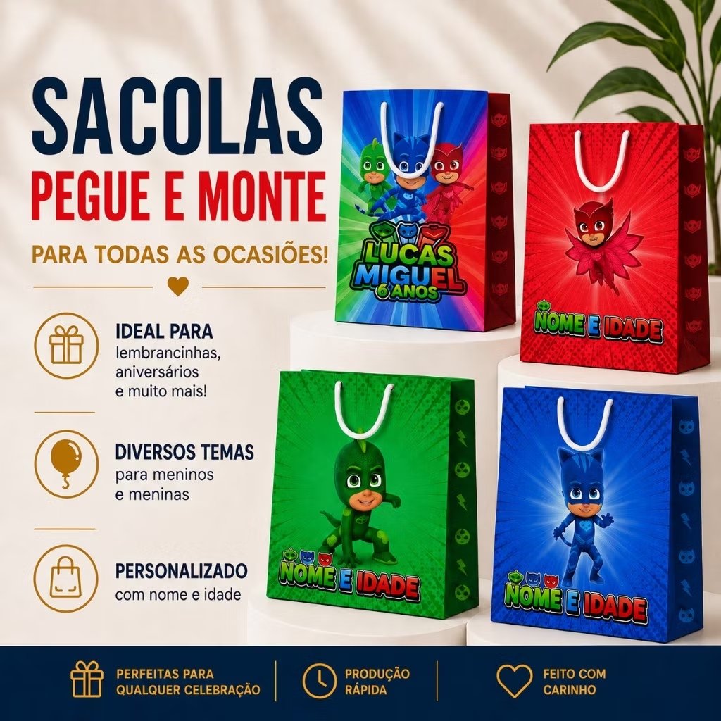 Sacolinhas PEGUE E MONTE PJ Masks - Modelo Vertical | Lembrancinh