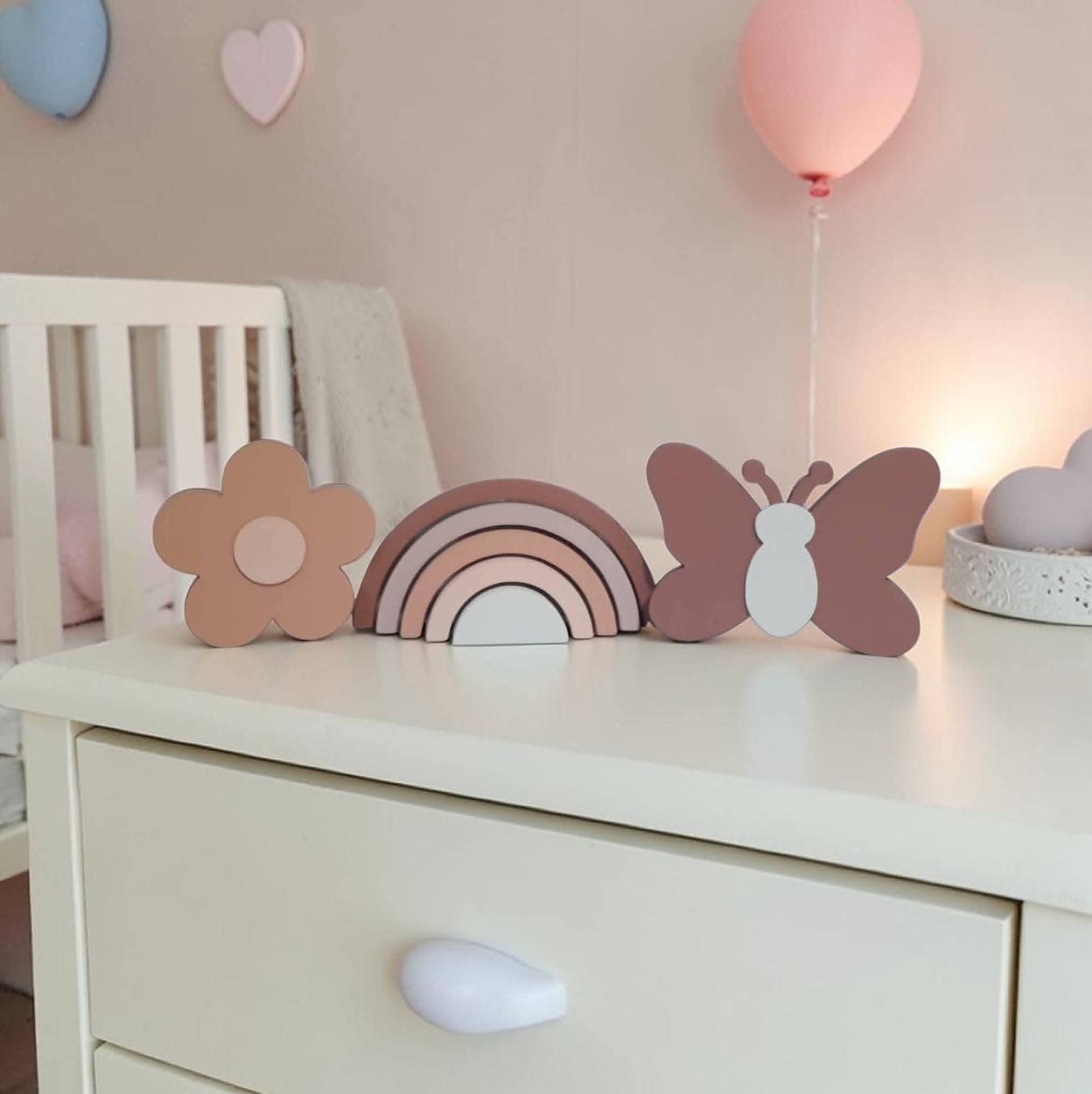 Kit decoração em mdf Arco íris, flor e borboleta tons terrosos, e