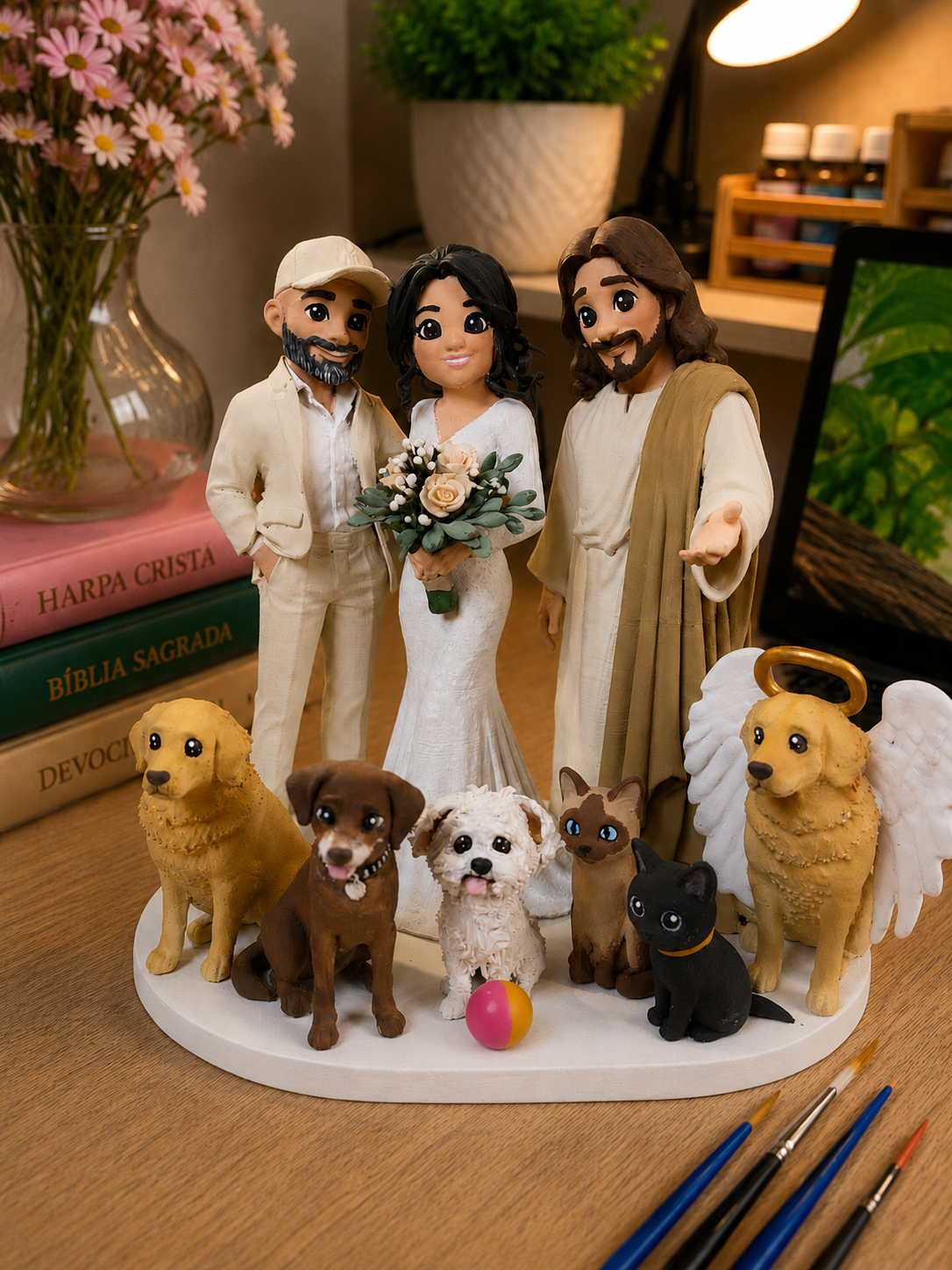 Topo de Bolo Casamento Noivinhos com Jesus e Pets Personalizados