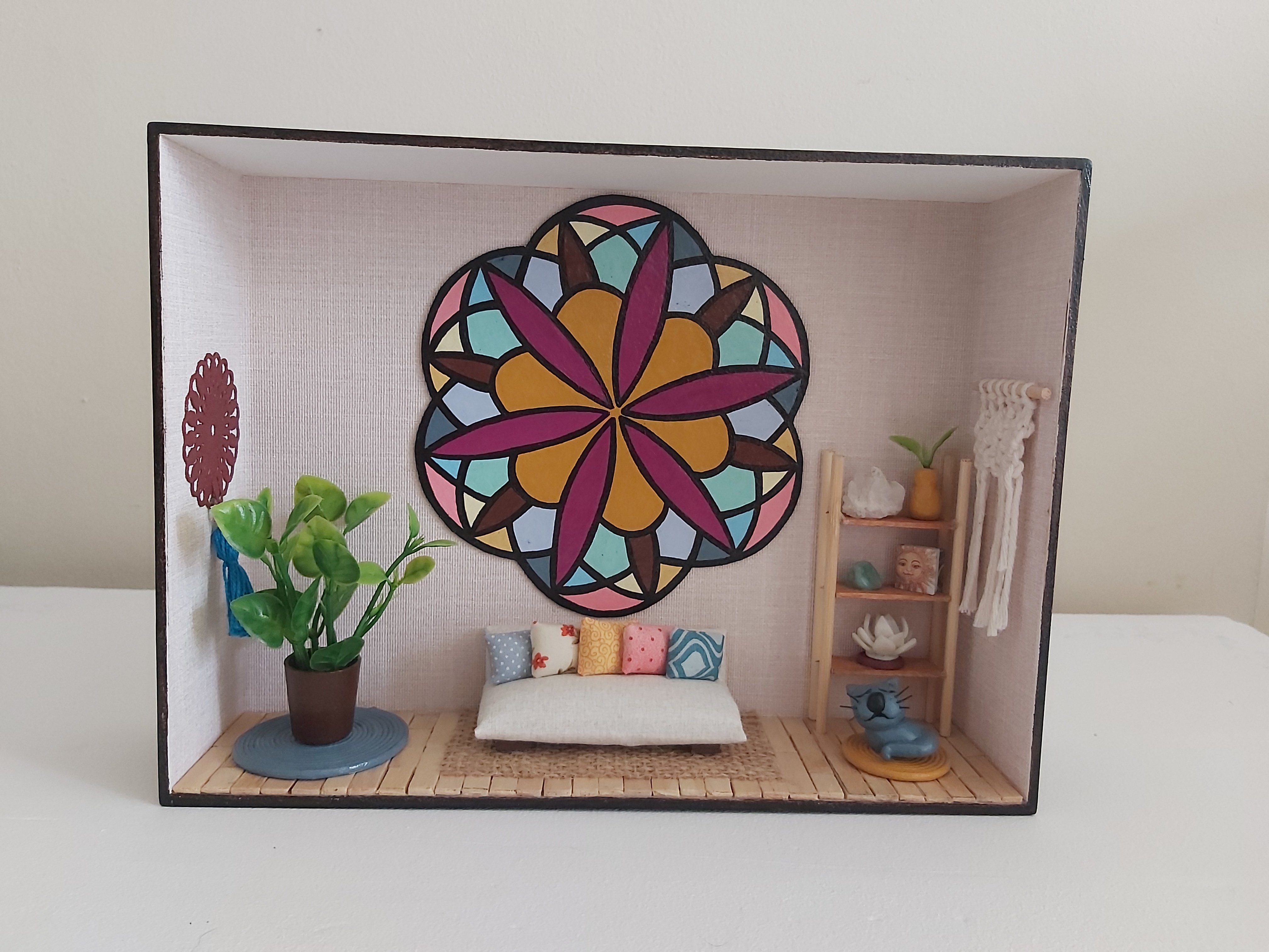 Quadro Cenário Miniatura Sala Zen com Mandala Diorama