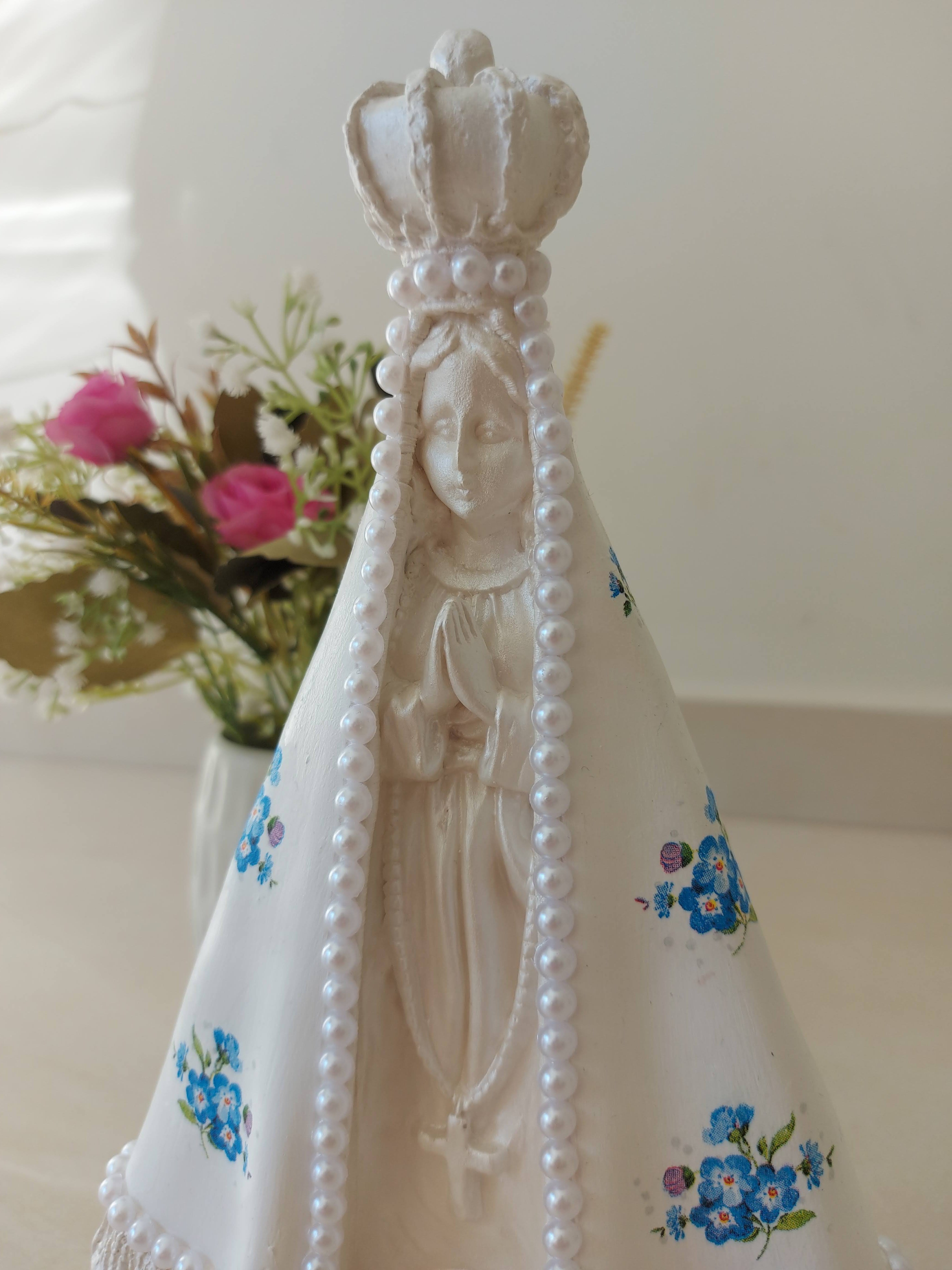 Nossa Senhora Aparecida 25cm decoupage flor azul