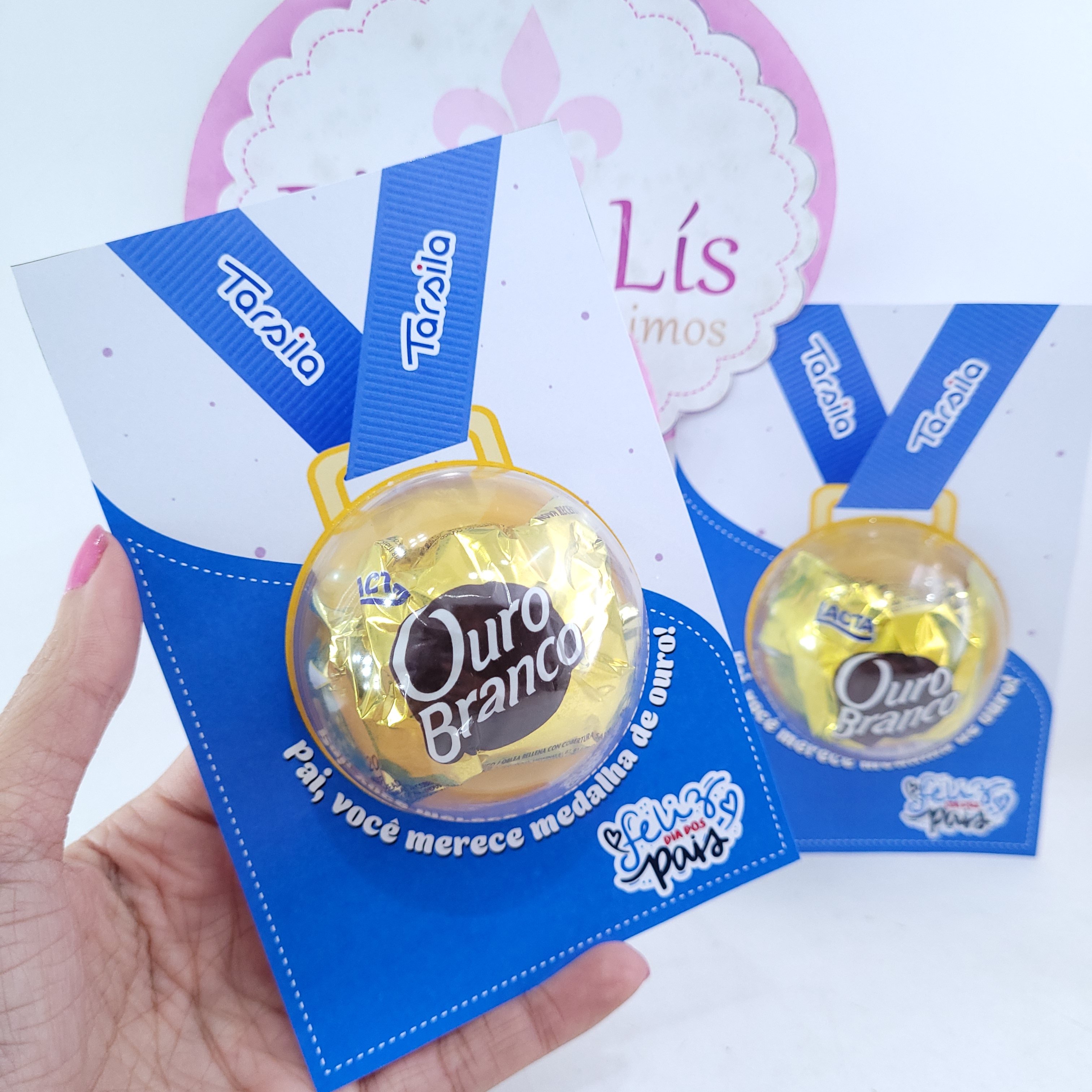 Presente Card Dia dos Pais Medalha com Bombom Ouro Branco Persona