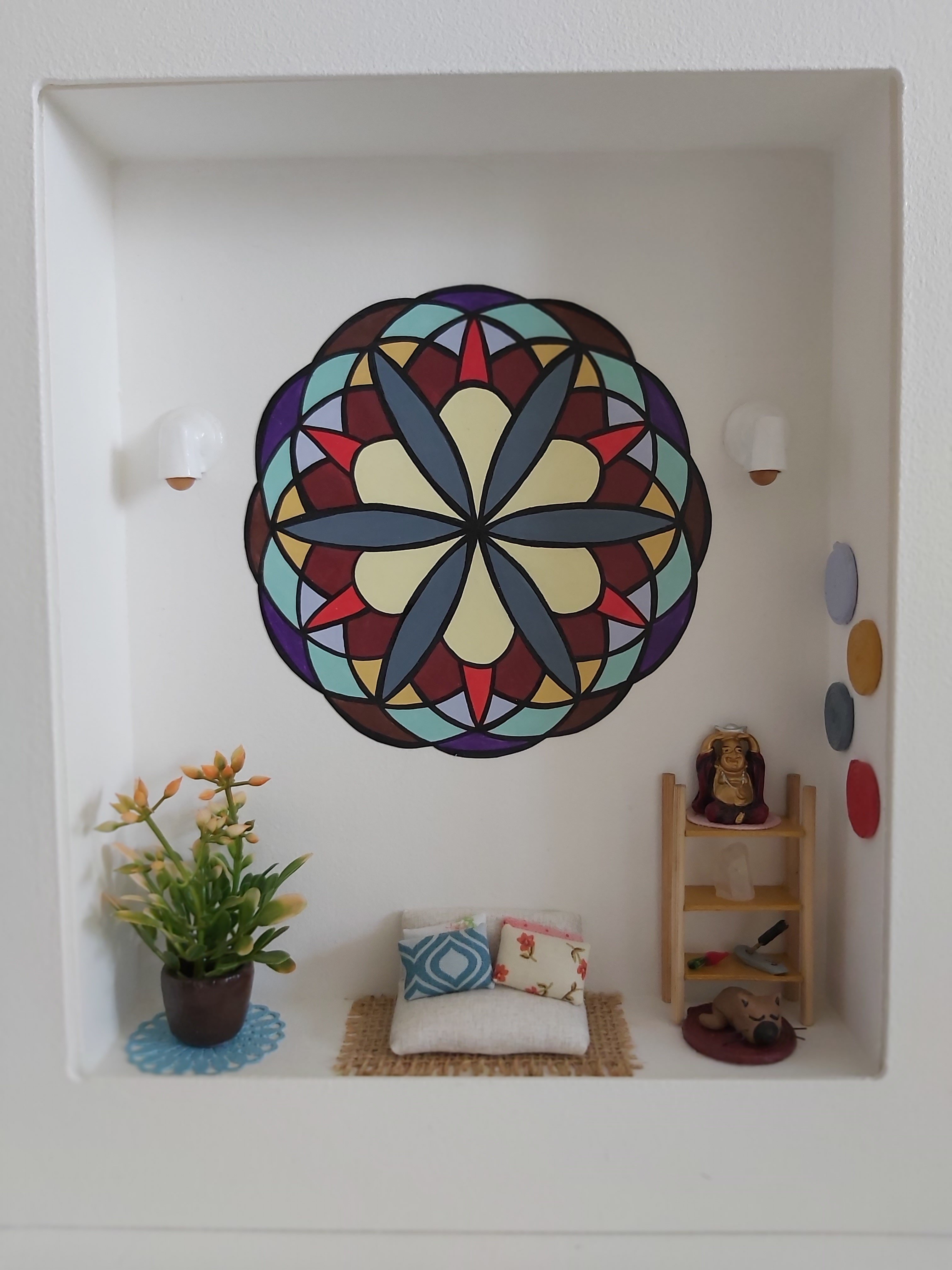 Quadro Cenário Miniatura Móveis Sala com Mandala Diorama