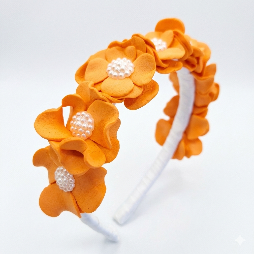 Tiara de Cabelo Infantil Laranja com Pérolas
