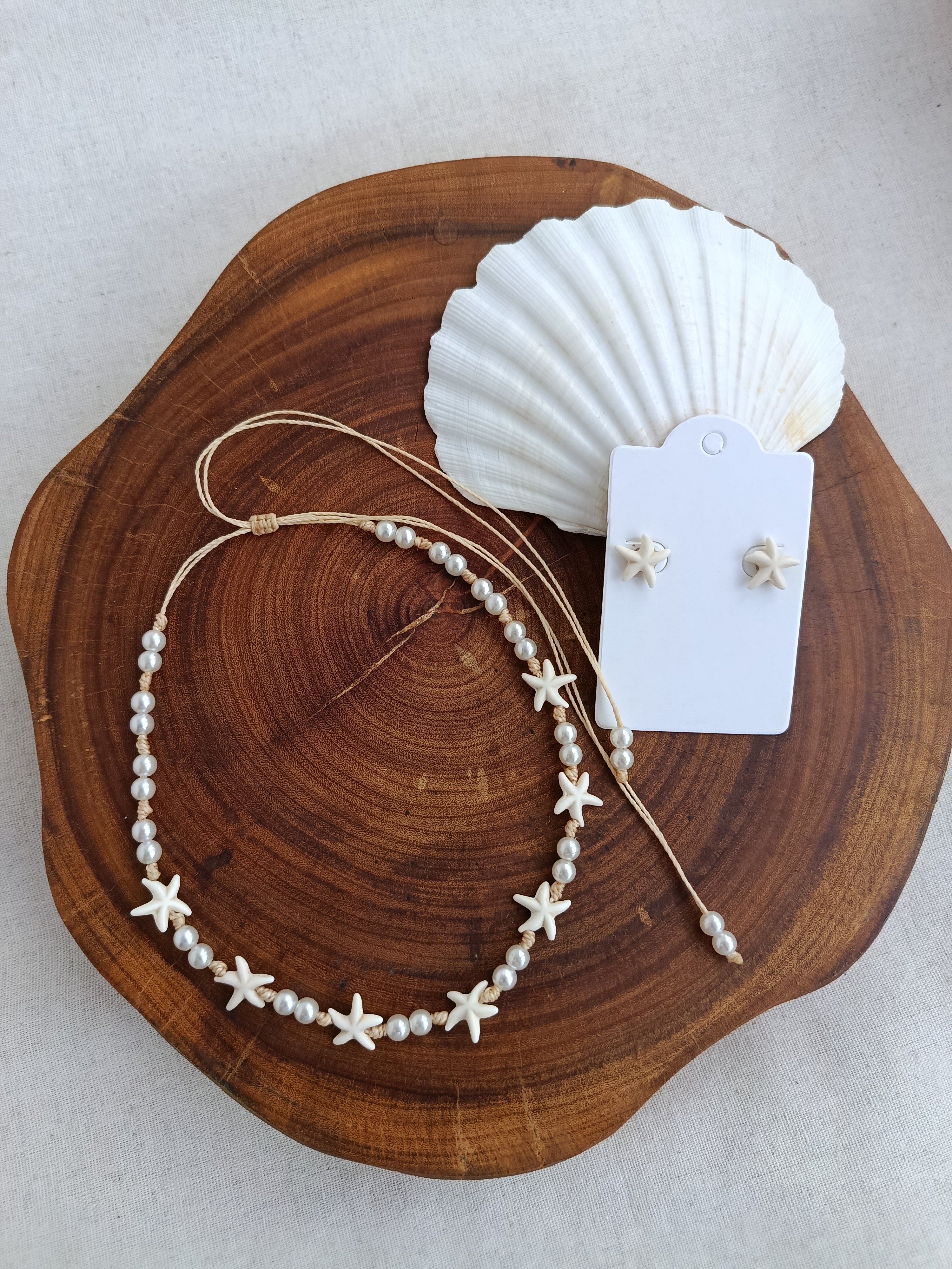 Kit colar + brinco de estrelas pérolas regulável verão moda praia