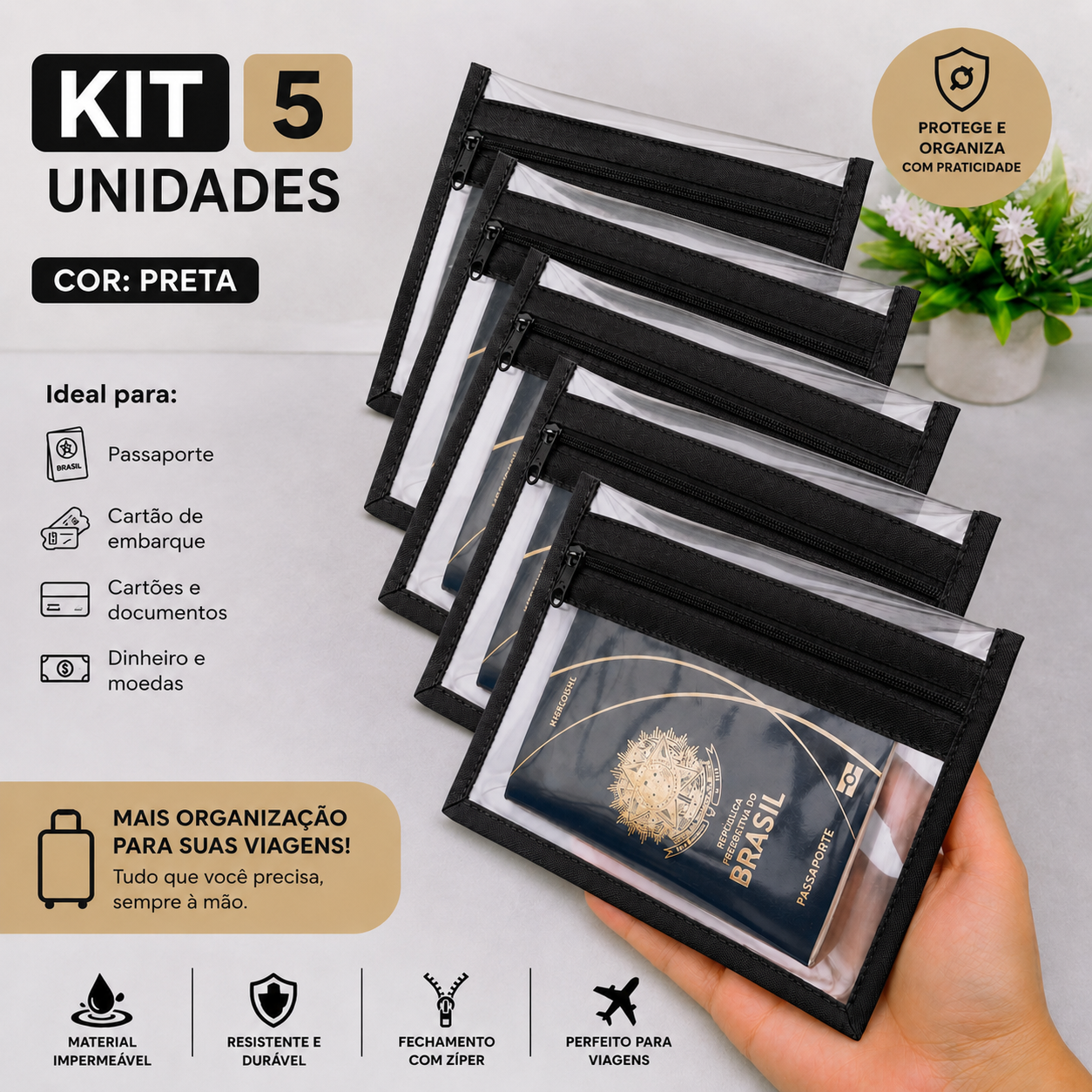 Kit 5 Nécessaires plásticas 2 bolsinhos/Porta passaporte cor pret