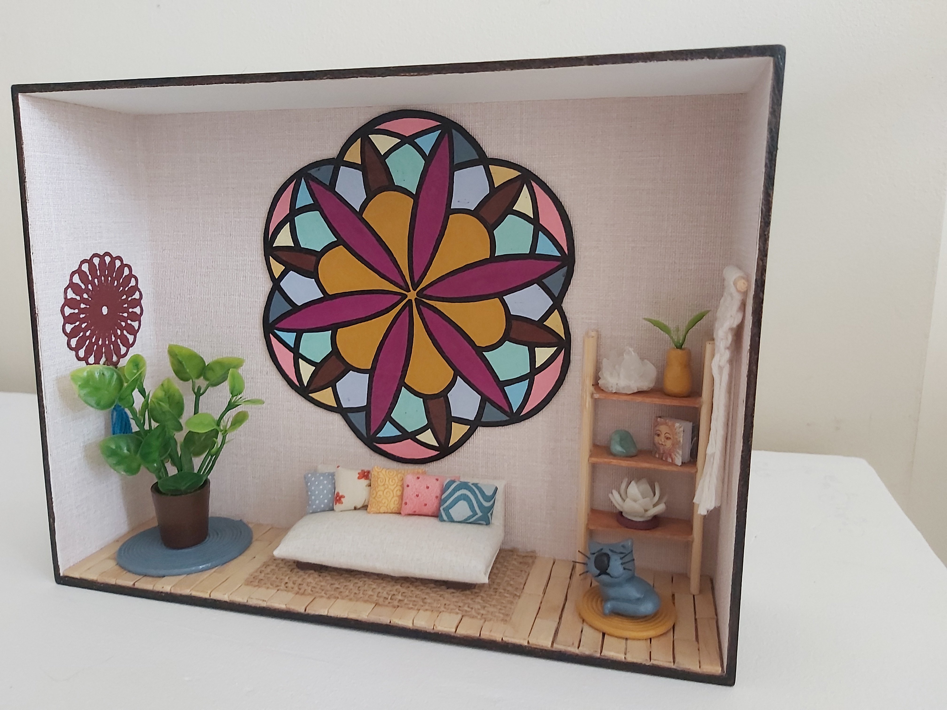 Quadro Cenário Miniatura Sala Zen com Mandala Diorama