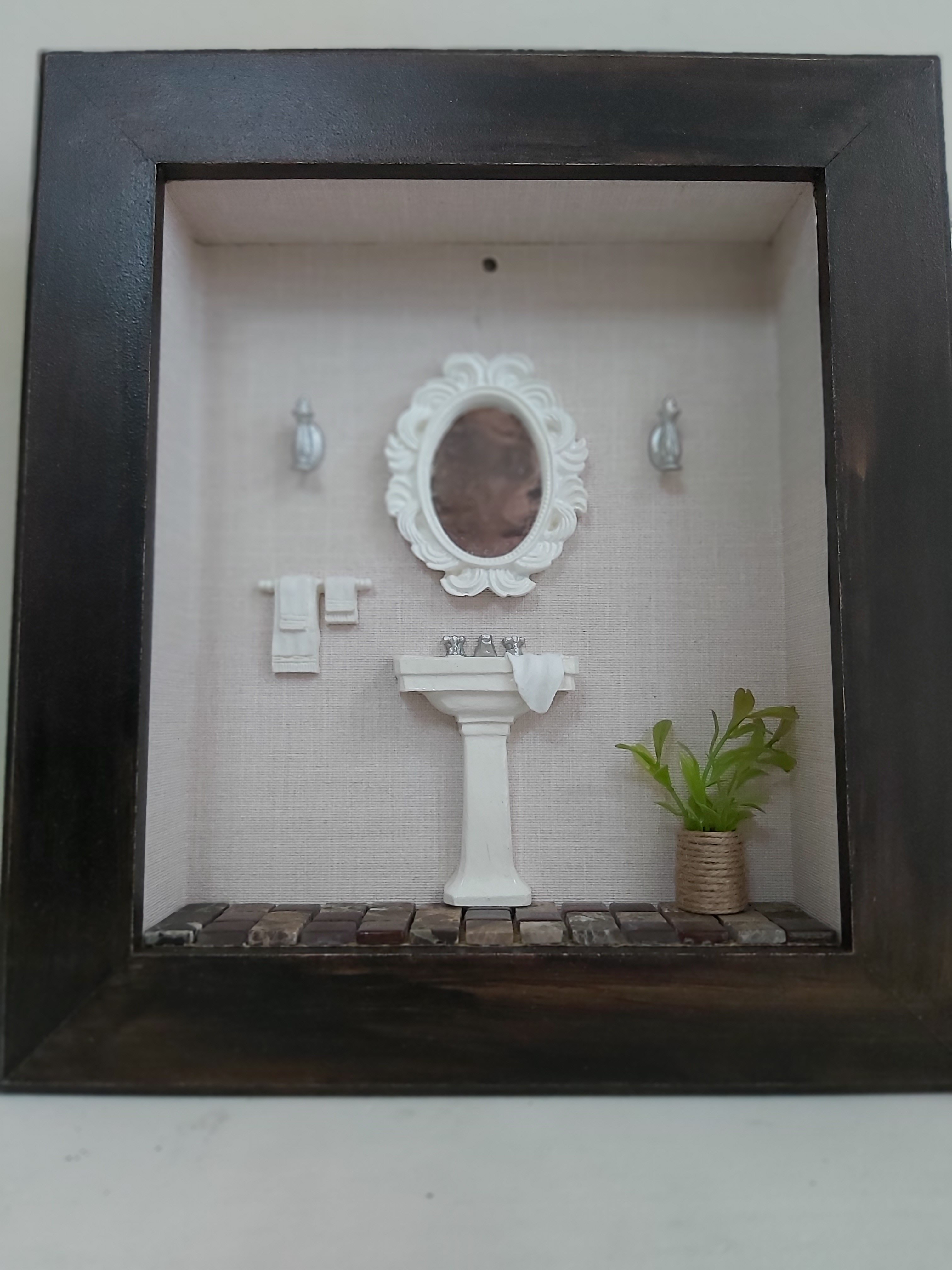 Quadro Cenário Miniatura Banheiro Lavabo Diorama Branco
